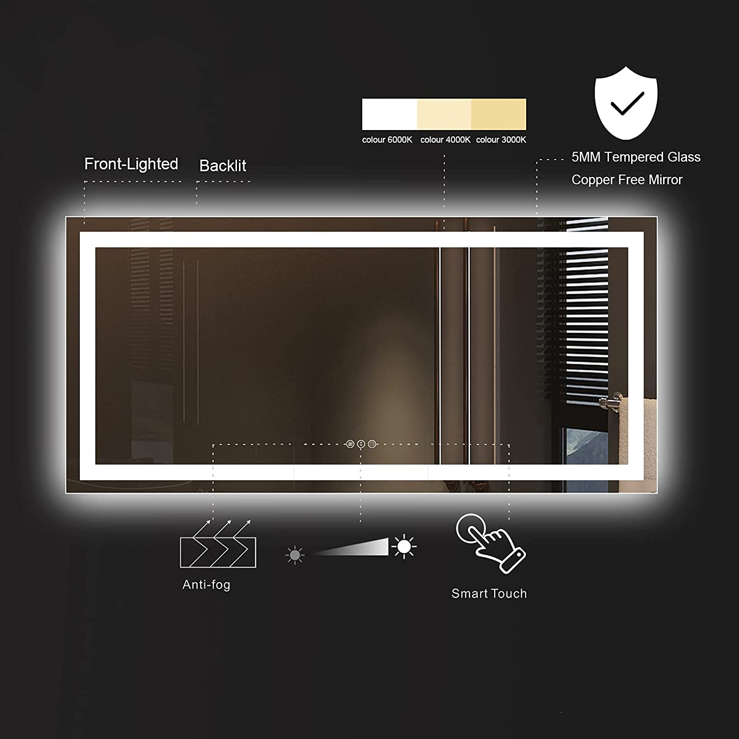 LED Mirror with Front & Backlit, 60"x36"