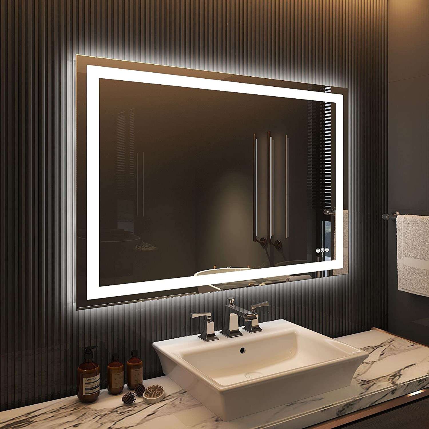 Amorho LED Bathroom Mirror 55x 30, Backlit + Front-Lighted Vanity Mirror,  Dimmable Bathroom Mirrors for Wall, Anti-Fog, Memory, 3 Colors, Double LED
