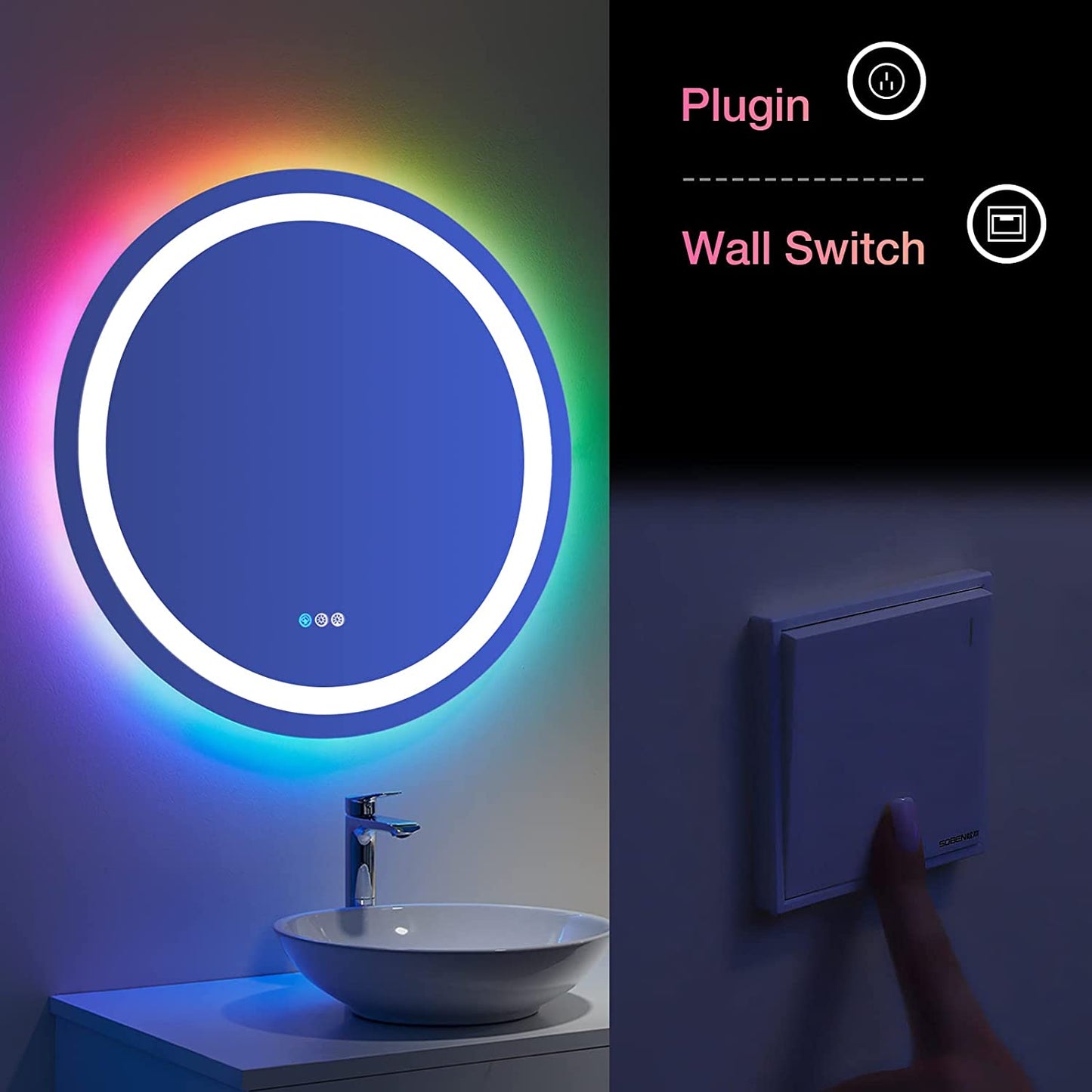 Amorho Round LED Bathroom Mirror with RGB Backlit and Front Light, 24 Inch
