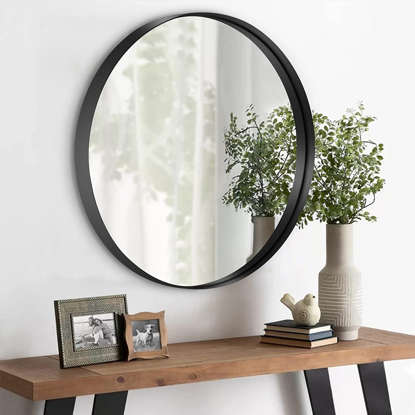 Amorho Round Mirror with Black Frame, 24 Inch
