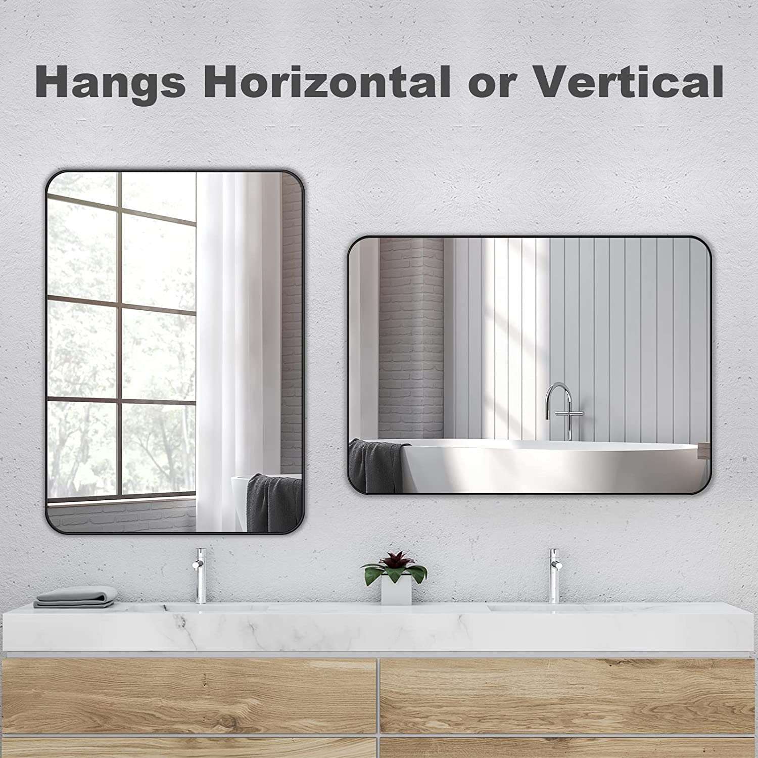 Amorho 24x 36 Black Frame Mirror, Rounded Corner Rectangle Mirror, Matte Black Bathroom Mirror, Metal Vanity Mirror, Shatter-Proof Safe Mirror, CRI 90 (Horizontal/ Vertical)