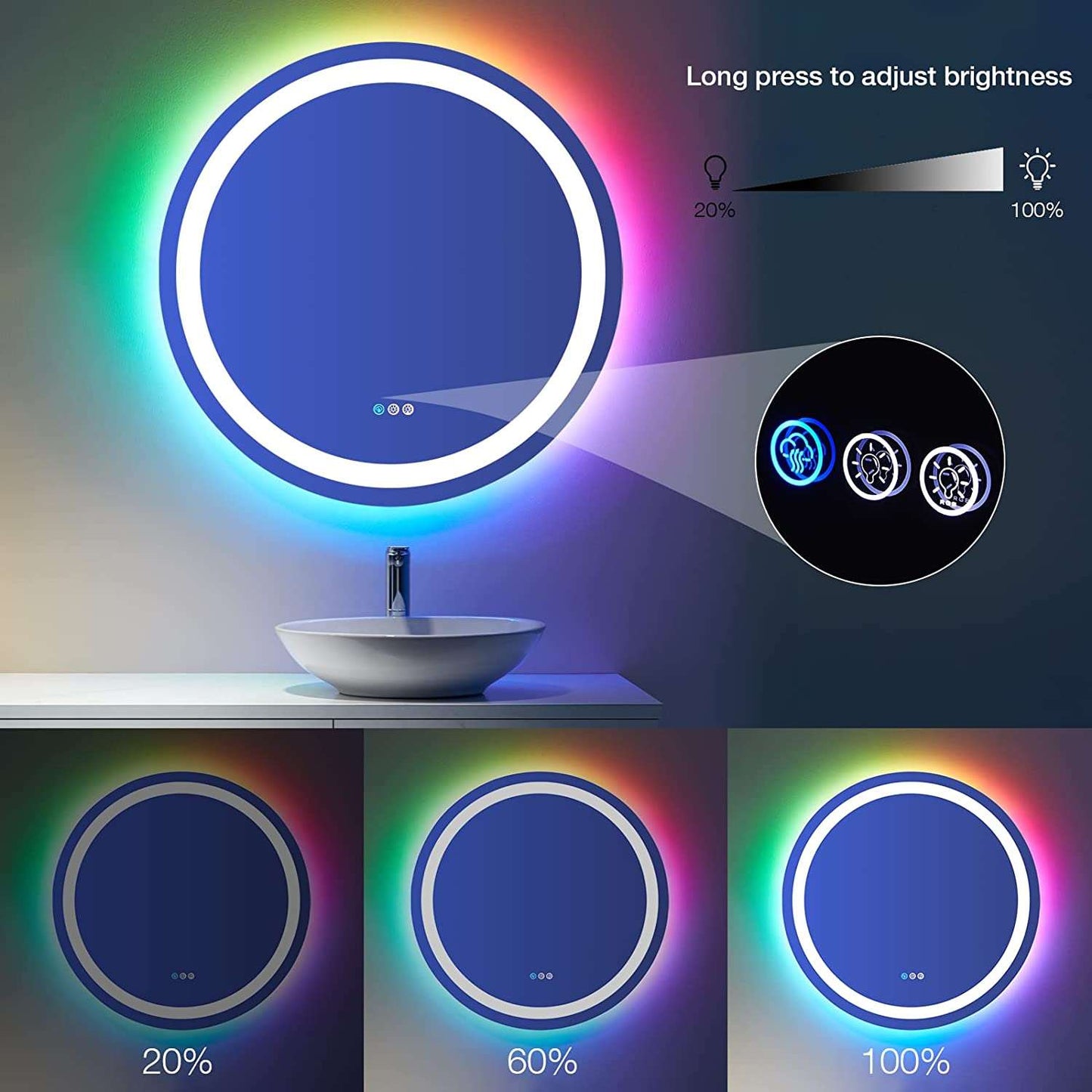 Amorho Round Bathroom Mirror with RGB Backlit, 28 Inch Color Changing Lighted Vanity Mirror for Wall, Circle Makeup Mirror Touch Control, Dimmable, Anti-Fog, Memory, Shatterproof