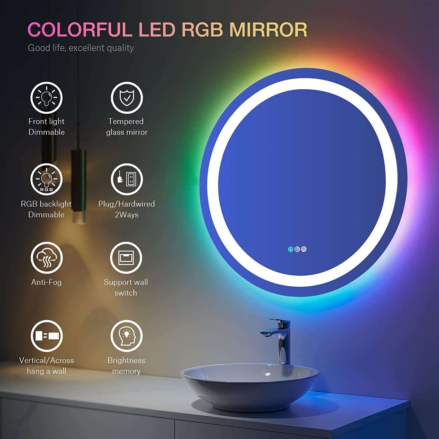 Amorho Round LED Bathroom Mirror with RGB Backlit and Front Light, 24 Inch Color Changing Lighted Vanity Mirror for Wall, Circle Makeup Mirror Touch Control, Dimmable, Anti-Fog, Memory, Shatterproof